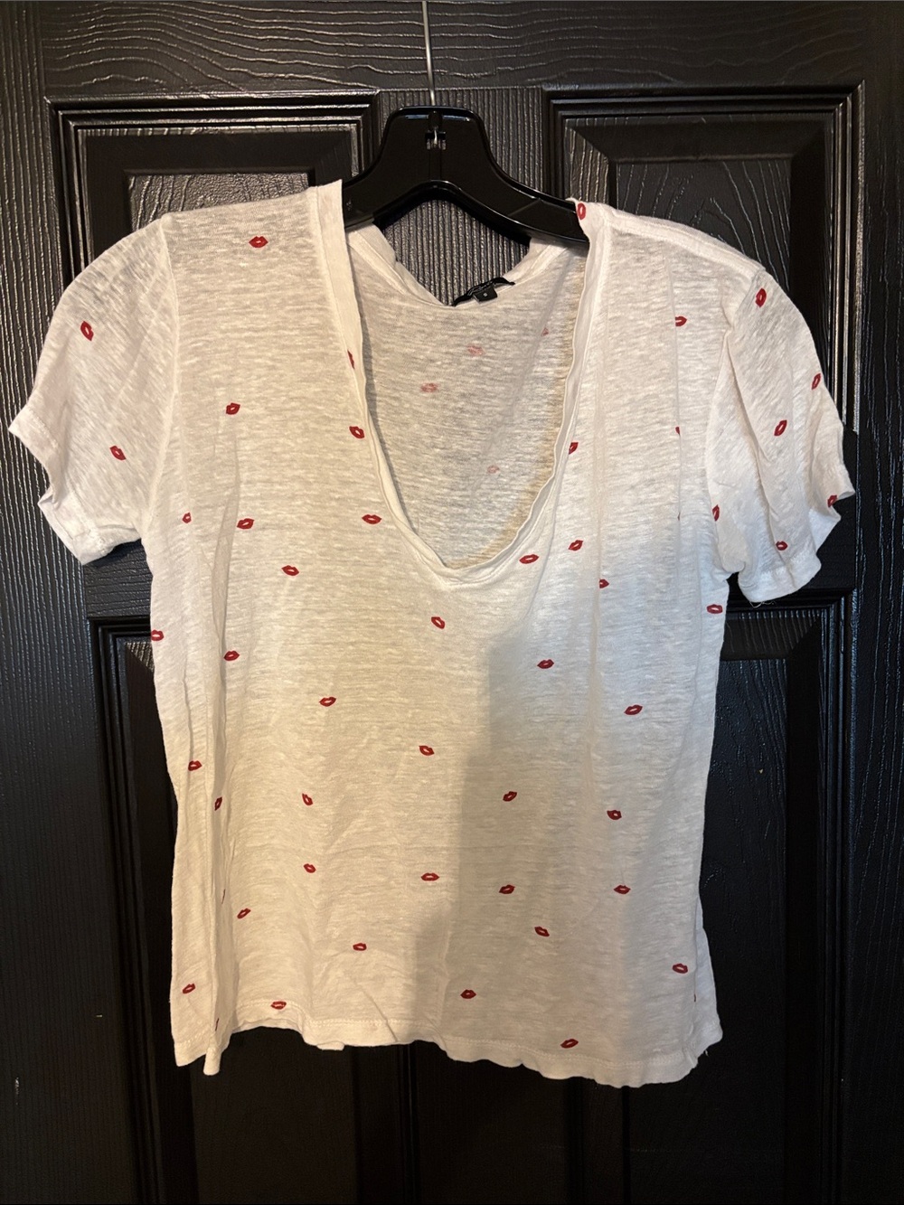 Women’s White V-Neck Tee with Red Kiss Print